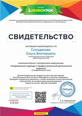 Обложка для материала Свидетельство "Современные подходы к профессиональной деятельности педагога"