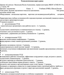 Технологическая карта урока математики в 3 классе по теме "деление двузначного числа на однозначное"