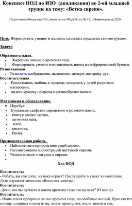 Конспект НОД по ИЗО (аппликация) во 2-ой младшей группе на тему : "Ветка сирени".