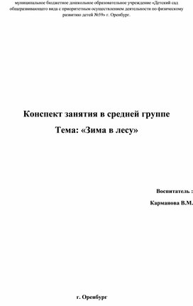 Конспект занятия по познавательному развитию "Зима в лесу"