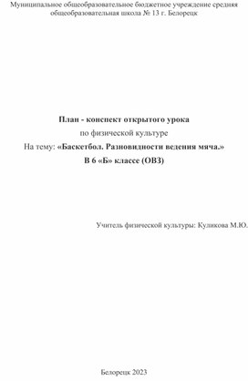 План - конспект урока по физической культуре в 6 "Б" (ОВЗ) классе по теме: "Баскетбол. Разновидности ведения мяча".