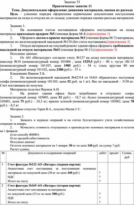 Обложка для материала Задания для практического занятия по МДК 01.01 "Практические основы бухгалтерского учета имущества организации" на тему: "Документальное оформление движения материалов, оценка их расхода""
