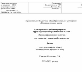 Обложка для материала Адаптированная рабочая программа курса коррекционно-развивающей области  «Психокоррекционные занятия»  для учащихся с умственной отсталостью