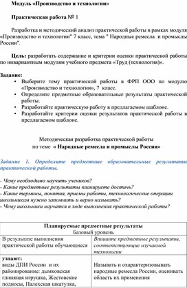 Модуль "Производство и технологии". Практическая работа "Народные ремесла и промыслы России"