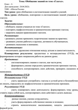 Обложка для материала Открытый урок: Обобщение знаний по теме «Глагол».