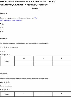 Обложка для материала Тест  «GRAMMAR», «VOCABULARY & TOPICS», «SPEAKING», «ALPHABET», «Sounds», «Spelling»