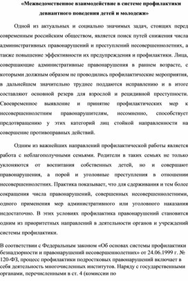 «Межведомственное взаимодействие в системе профилактики девиантного поведения детей и молодежи»