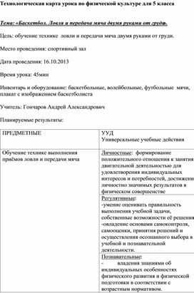 Технологическая карта урока по физической культуре для 5 класса