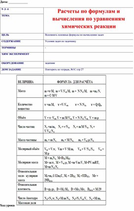 Расчеты по формулам и вычисления по уравнениям химических реакции