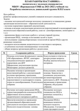 ПЛАН РАБОТЫ НАСТАВНИКА – воспитателя с молодым специалистом МБОУ «Верещакская СОШ на 2021-2022 учебный год