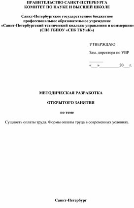 Обложка для материала Методическая разработка открытого занятия по теме Сущность оплаты труда