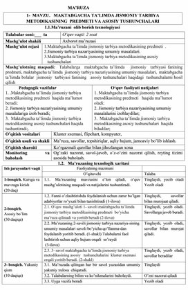 MAKTABGACHA TA’LIMDA JISMONIY TARBIYA METODIKASINING  PREDMETI VA ASOSIY TUSHUNCHALARI