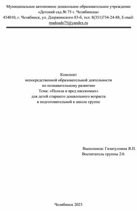 НОД по познавательному развитию «Польза и вред насекомых» для детей старшего дошкольного возраста в подготовительной к школе группе