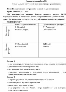 Обложка для материала Практическая работа № 3 Тема: «Анализ внутренней и внешней среды организации»