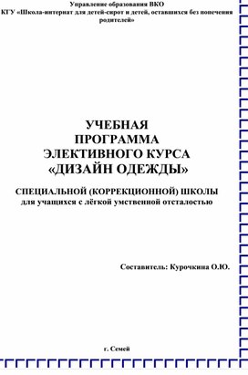 Программа элективного курса  «Дизайн одежды» для специальной (коррекционной) школы для детей с лёгкой умственной отсталостью.