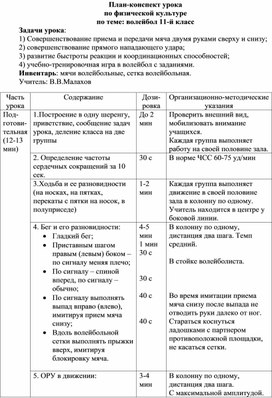 План конспект урока по волейболу 8 класс