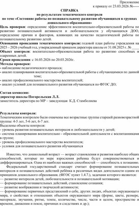 Обложка для материала СПРАВКА по результатам тематического контроля по теме «Состояние работы по познавательному развитию обучающихся в группах дошкольного образования»