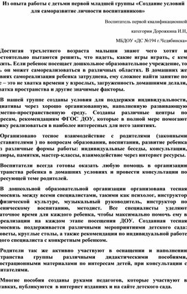 Из опыта работы с детьми первой младшей группы «Создание условий для саморазвитие личности воспитанников»