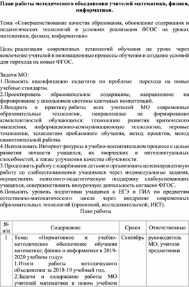 План работы методического объединения учителей математики, физики, информатики