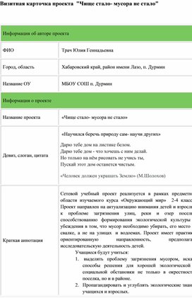 Сетевой экологический проект в школе "Чище стало- мусора не стало"