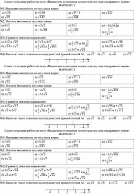 Самостоятельная работа по теме "Вынесение и внесение множителя под знак квадратного корня" для учащихся 8 классов