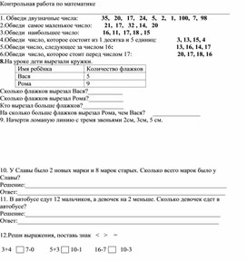 Контрольная работа по математике.1 класс