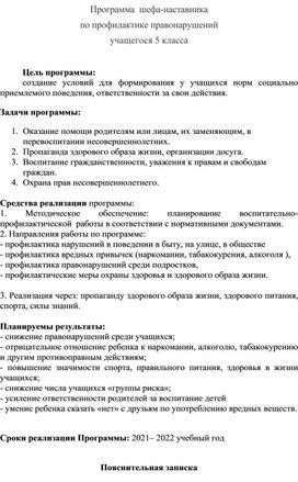 Программа шефа- наставника по профилактике правонарушений учащегося