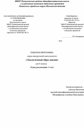 Рабочая программа по внеурочной деятельности "Экологичный образ жизни"