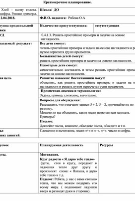 Обложка для материала Конспект занятия по ФЭМП в предшкольном классе Тема:  Хлеб – всему голова. Обвожу цифры. Решаю примеры.