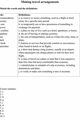 Лексическое упражнение "Making travel arrangements" уровень С1-С2