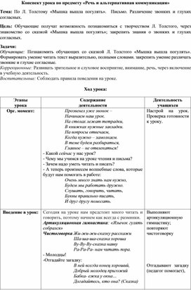 Конспект урока по предмету "Речь и альтернативная коммуникация" по теме: По Л. Толстому «Мышка вышла погулять».  Письмо. Различение звонких и глухих согласных.