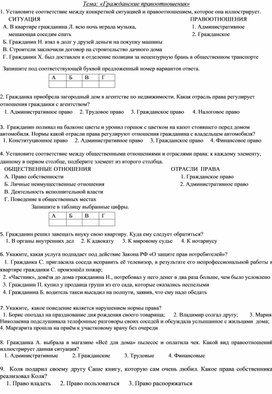 Карточка по обществознанию в 7 классе по теме "Гражданские правоотношения"