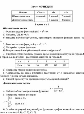 Зачет по алгебре 8 класс "Функции"