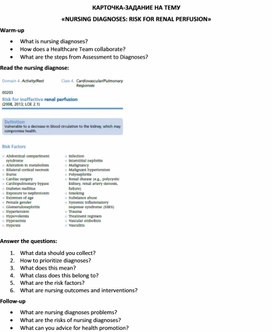 Карточка-задание по английскому языку на тему «NURSING DIAGNOSES: RISK FOR RENAL PERFUSION»