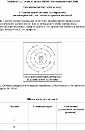 Обложка для материала Дидактическая карточка на тему:  «Периодическая система как отражение закономерностей электронного строения атомов»-1