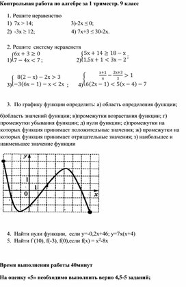 Контрольная работа по алгебре за 1 триместр 9 класс