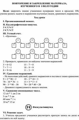 Конспект урока по математике  ПОВТОРЕНИЕ И ЗАКРЕПЛЕНИЕ МАТЕРИАЛА,  ИЗУЧЕННОГО В  I ПОЛУГОДИИ