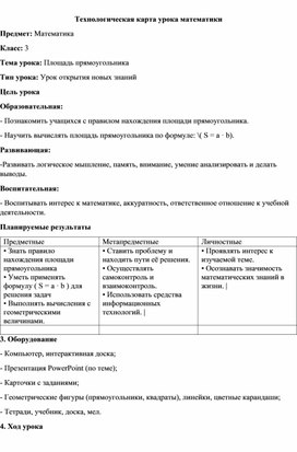 Обложка для материала Технологическая карта урока математики в 3 классе "Площадь прямоугольника"