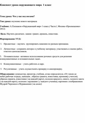 Конспект урока окружающего мира  в  1 классе   по  теме:  Что у нас под ногами?