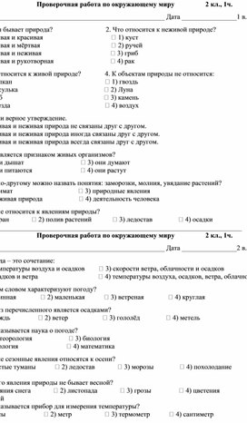 Проверочная работа по окружающему миру по разделу "Природа"   2 кл., 1ч.