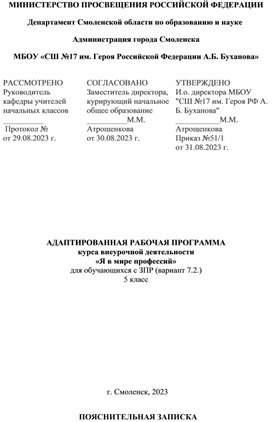 Рабочая программа по курсу _В мире профессий_ 5 класс