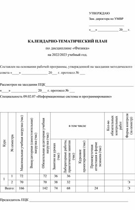 КАЛЕНДАРНО-ТЕМАТИЧЕСКИЙ ПЛАН Физика 09.02.07 «Информационные системы и программирование»