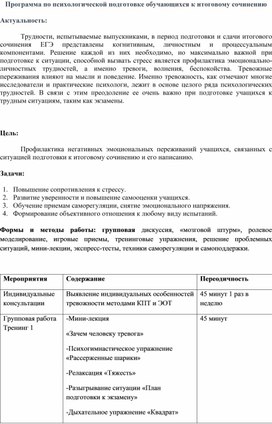 Программа при психологической подготовке обучающихся к итоговому сочинению