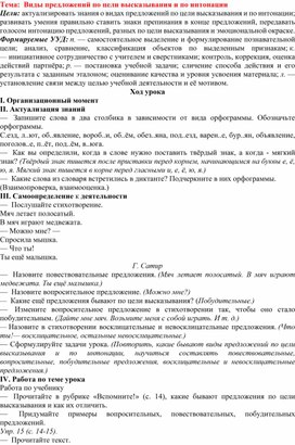 План-конспект урока по русскому языку в 4 классе "Виды предложений по цели высказывания и по интонации"