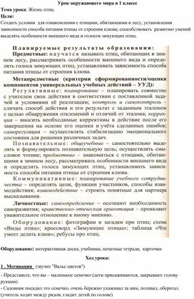 Обложка для материала Урок окружающего мира в 1 классе "Жизнь птиц"