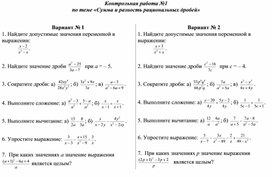 Алгебраическая дробь. Сумма и разность алгебраических дробей. Контрольная работа. Алгебра 8 класс. УМК Ю.Н. Макарычев и др.