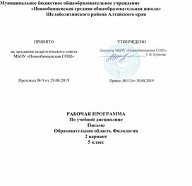 РАБОЧАЯ ПРОГРАММА  По учебной дисциплине Письмо  Образовательная область Филология 2 вариант 5 класс