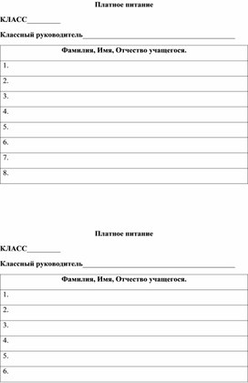 Таблица для социального педагога "Платное питание"