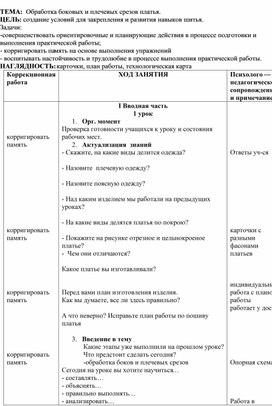 Конспект урока. "Обработка плечевых и боковых срезов платья".