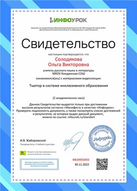Обложка для материала Свидетельство "Тьютор в системе инклюзивного образования"